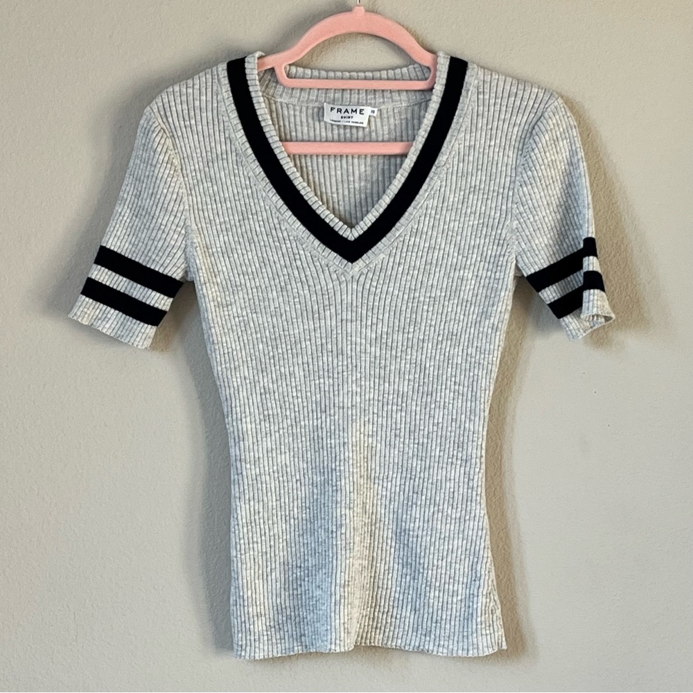 Frame Shirt Gray V-Neck Sweater Blue Stripes Preppy Varsity Wool Cotton Blend XS - Picture 4 of 9